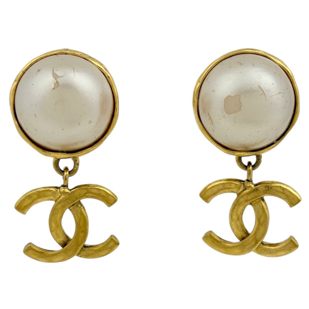 Chanel earrings, Coco Mark, swing style, GP (gold plated), faux pearl, gold, ...